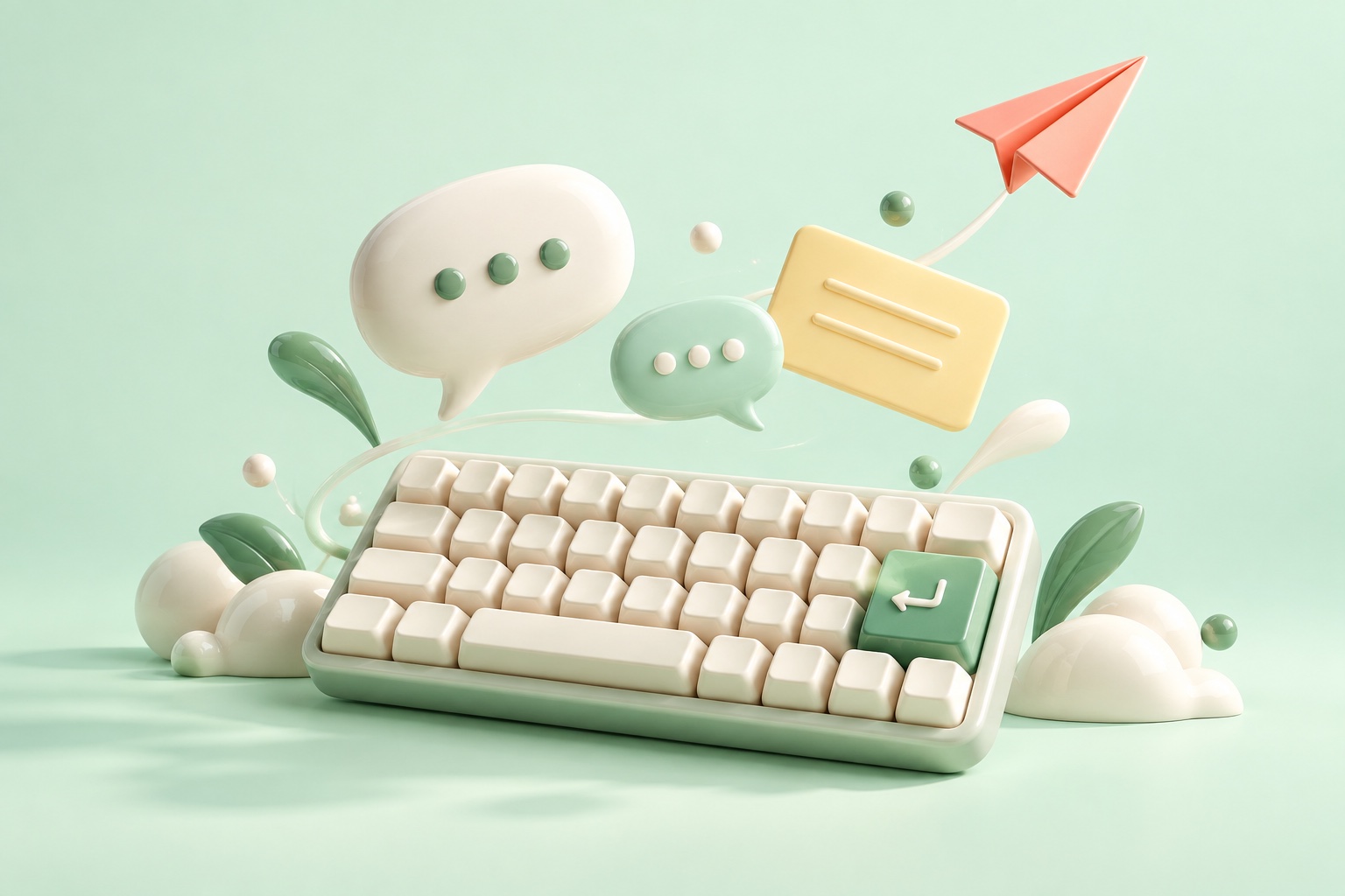 キーボードから吹き出しと紙飛行機が広がる立体イラスト